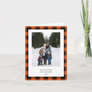 Orange Black Buffalo Plaid  3 Photo Christmas Holiday Card