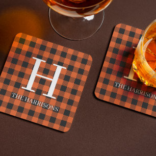 ORANGE Black Buffalo Plaid Monogram Holiday Beverage Coaster