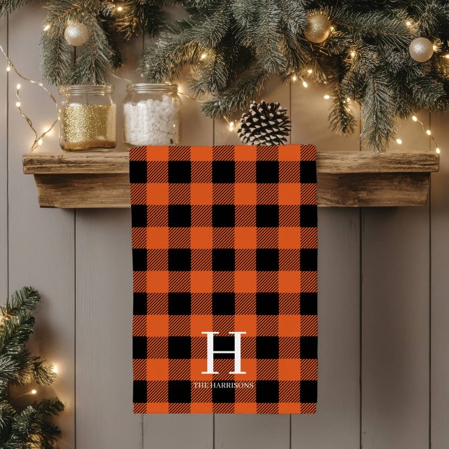 Orange Black Buffalo Plaid Monogram Holiday Kitchen Towel (Creator Uploaded)