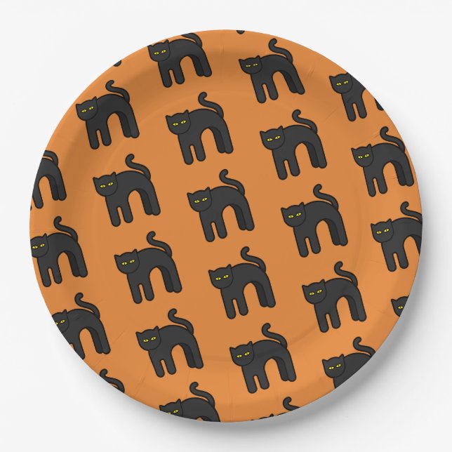 Orange Black Cat Pattern Halloween Party Paper Plates (Front)