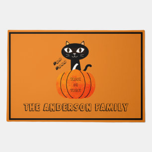 Orange Black Cat Pumpkin Family Name Halloween Doormat
