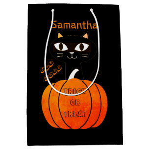 Orange Black Cat Pumpkin Trick Or Treat Halloween Medium Gift Bag