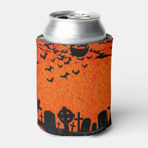Orange Black Cemetery Halloween Can Cooler