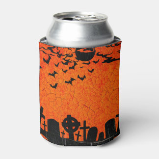 Orange Black Cemetery Halloween Can Cooler