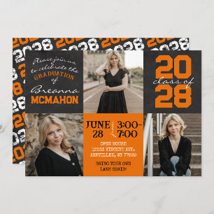 Orange & Black Chalkboard 3 Photo Graduation Invitation