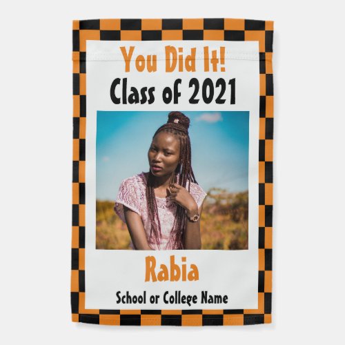 Orange Black Checkerboard Graduation Photo Garden Flag