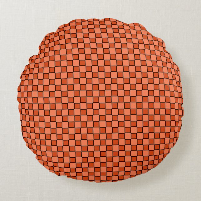 Orange Black Checkerboard Pattern Round Pillow (Front)