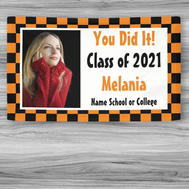 Orange Black Checkerboard Photo Graduation Banner (Creator Uploaded)