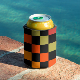Orange Black Checkerboard Retro Classic Checks Can Cooler