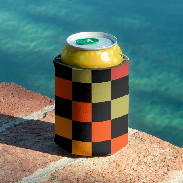 Orange Black Checkerboard Retro Classic Checks Can Cooler (In Situ Pool)