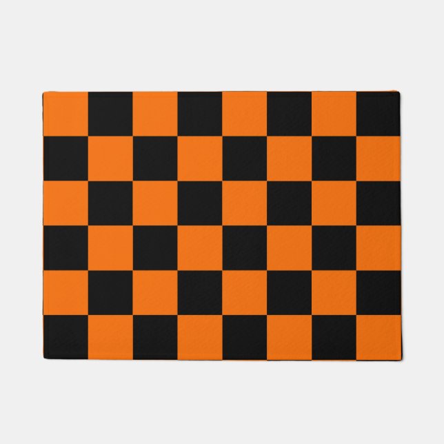 Orange Black Checkered Check Pattern Doormat (Front)