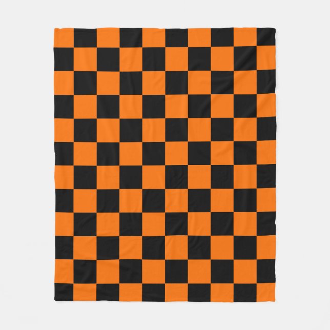 Orange Black Checkered Check Pattern Fleece Blanket (Front)