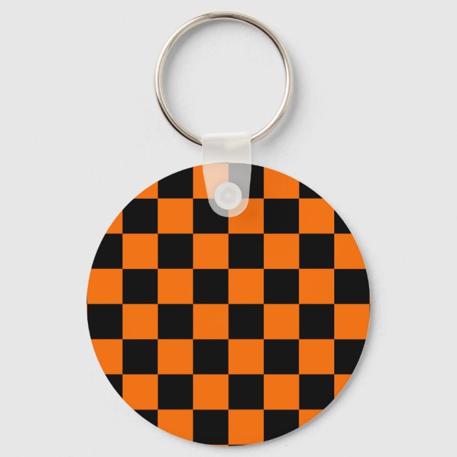 Orange Black Checkered Check Pattern Keychain (Front)
