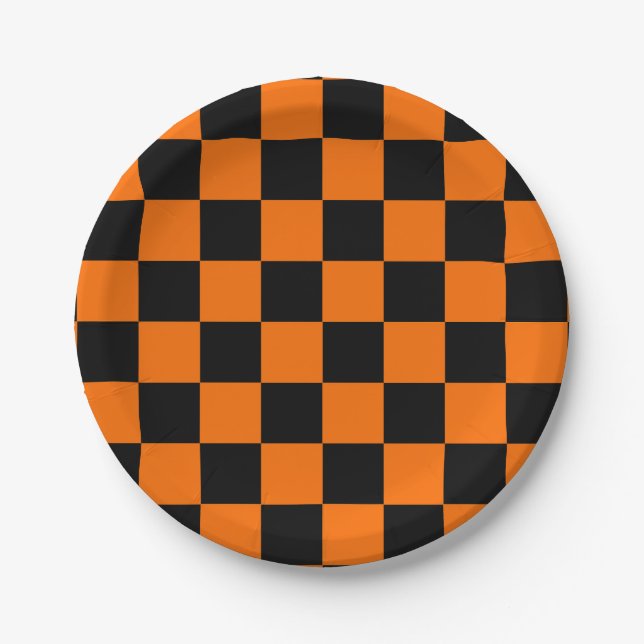 Orange Black Checkered Check Pattern Paper Plates (Front)