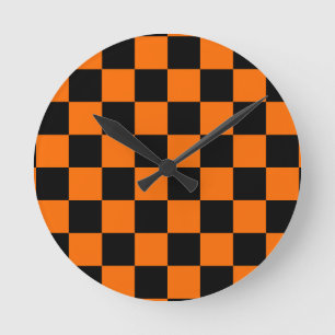 Orange Black Checkered Check Pattern Round Clock