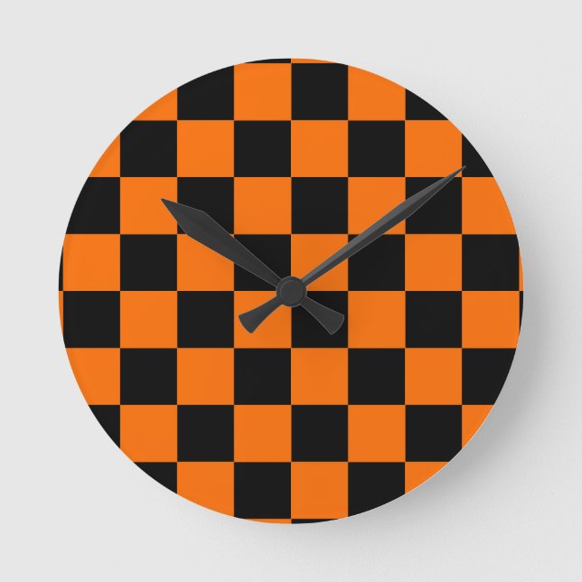 Orange Black Checkered Check Pattern Round Clock (Front)