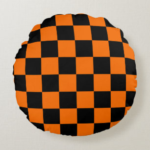 Orange Black Checkered Check Pattern Round Pillow