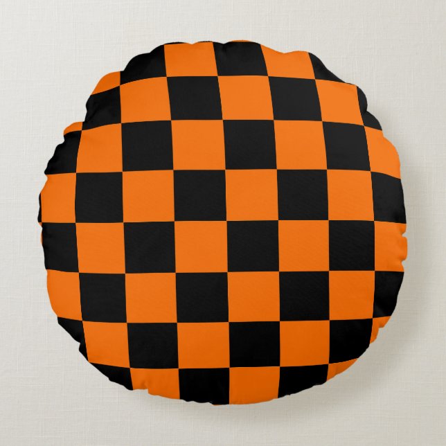 Orange Black Checkered Check Pattern Round Pillow (Front)