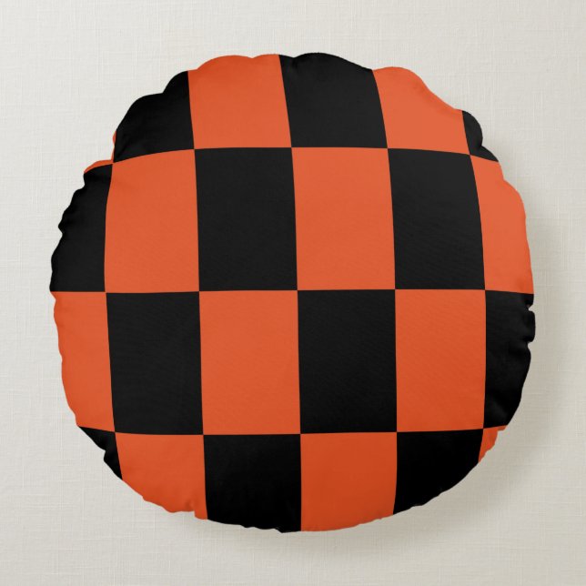 Orange black Checkered Check Pattern Round Pillow (Front)