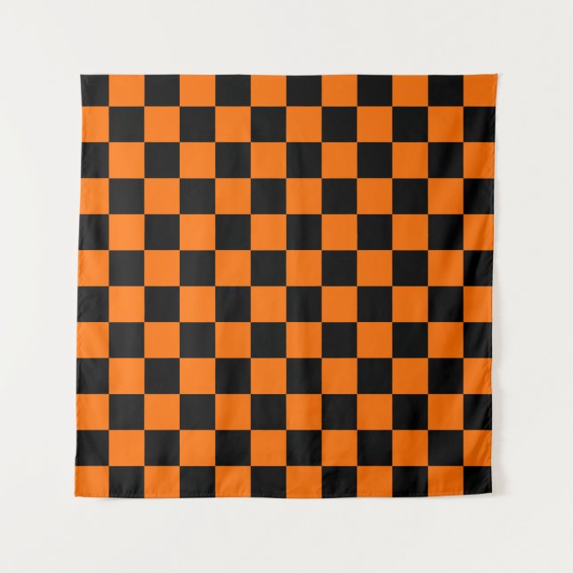 Orange Black Checkered Check Pattern Tapestry (Front)
