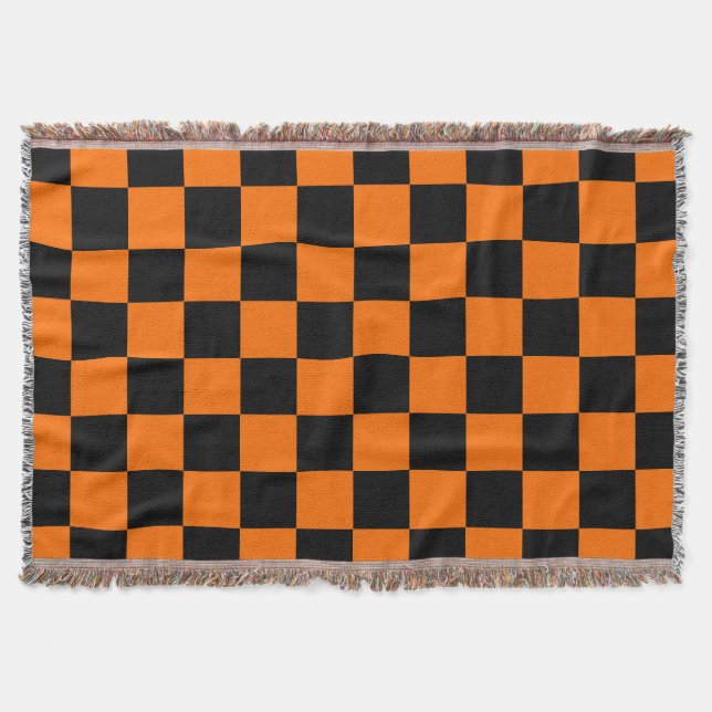 Orange Black Checkered Check Pattern Throw Blanket (Front)