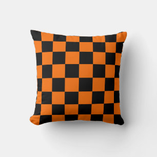 Orange Black Checkered Check Pattern Throw Pillow