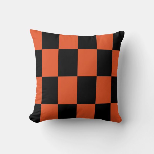 Orange black Checkered Check Pattern Throw Pillow (Front)