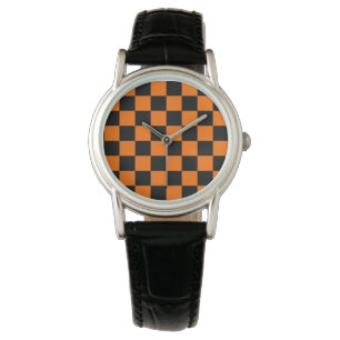 Orange Black Checkered Check Pattern Watch