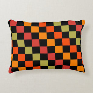 Orange Black Checkered Gingham Pattern Accent Pillow