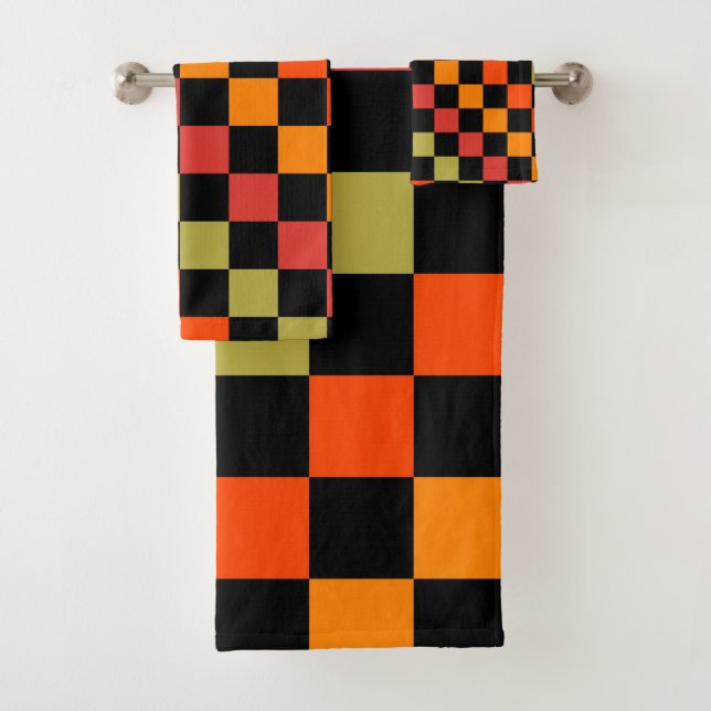Orange Black Checkered Gingham Pattern Bath Towel Set (Insitu)
