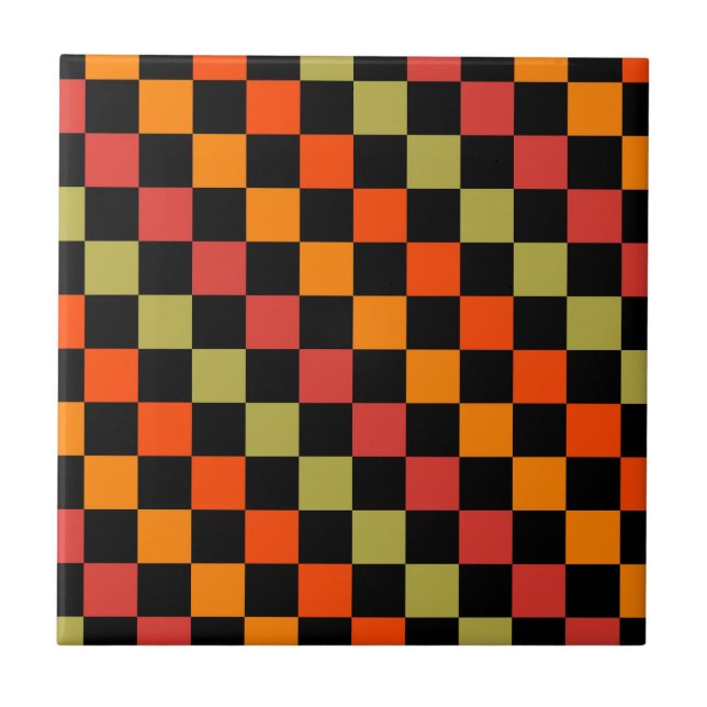 Orange Black Checkered Gingham Pattern Ceramic Tile (Front)