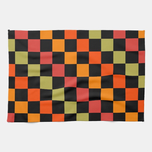 Orange Black Checkered Gingham Pattern Kitchen Towel (Horizontal)