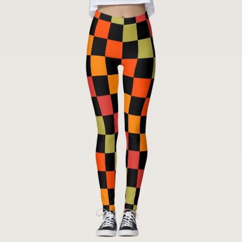 Orange Black Checkered Gingham Pattern Leggings