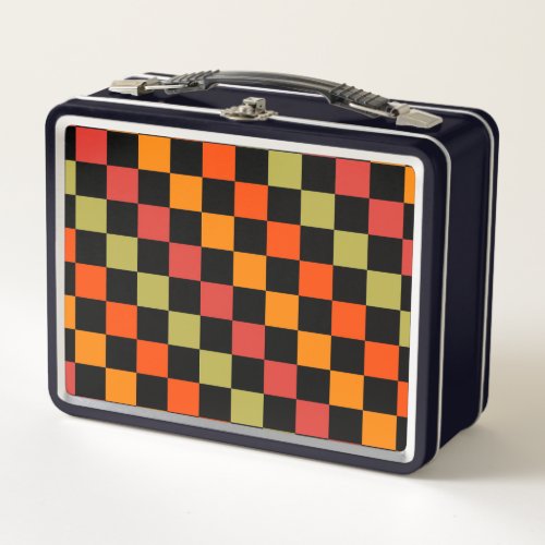 Orange Black Checkered Gingham Pattern Metal Lunch Box