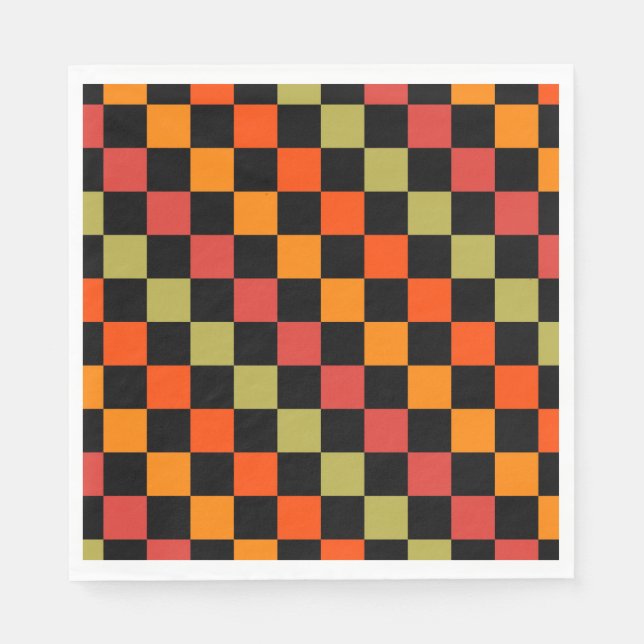 Orange Black Checkered Gingham Pattern Napkins (Front)
