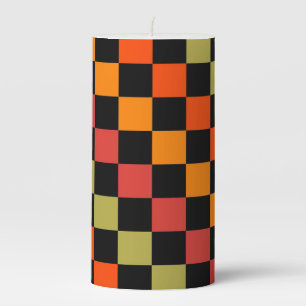 Orange Black Checkered Gingham Pattern Pillar Candle