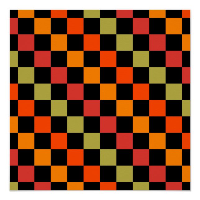 Orange Black Checkered Gingham Pattern Poster (Front)