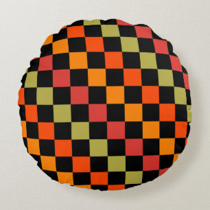 Orange Black Checkered Gingham Pattern Round Pillow