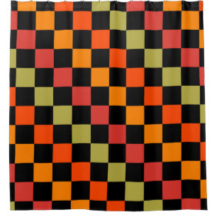 Orange Black Checkered Gingham Pattern Shower Curtain