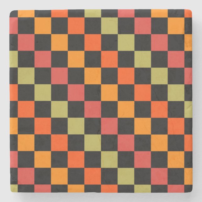 Orange Black Checkered Gingham Pattern Stone Coaster (Front)