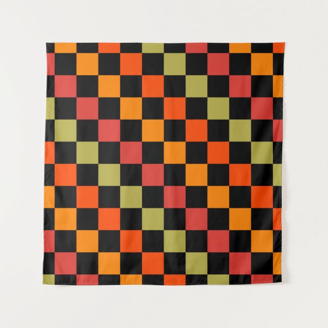 Orange Black Checkered Gingham Pattern Tapestry (Front)