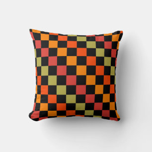 Orange Black Checkered Gingham Pattern Throw Pillow