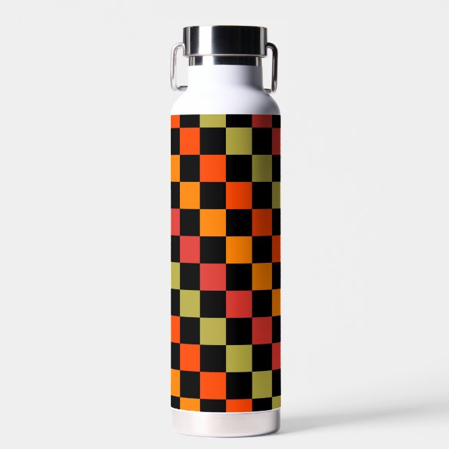Orange Black Checkered Gingham Pattern Water Bottle (Front)