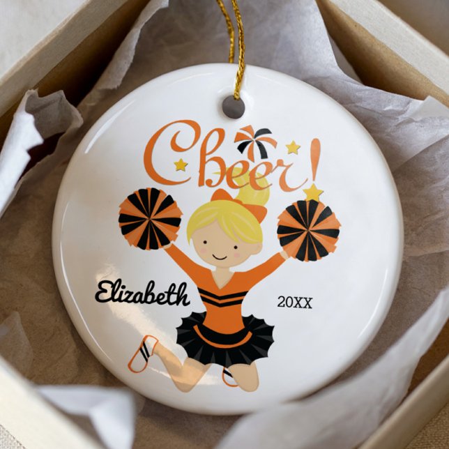 Orange & Black Cheer Blonde Cheerleader Ornament (Creator Uploaded)