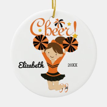 Orange & Black Cheer Brunette Cheerleader Ornament by celebrateitornaments at Zazzle