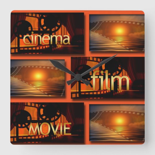 Orange  Black Cinema Film Movie Collage Square Wall Clock