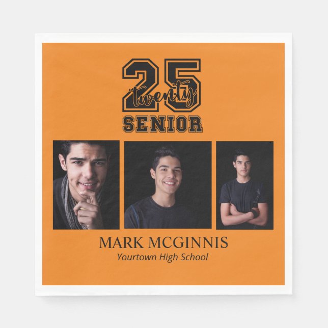 Orange Black Class 2025 Graduation Photo Napkins (Front)