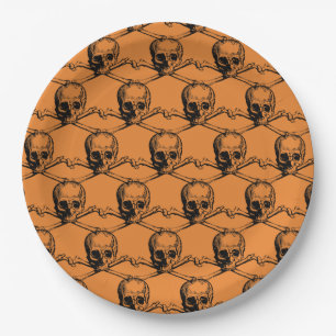 Orange Black Cool Pattern Skull Halloween party Paper Plates