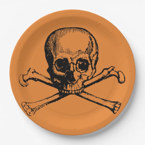 Orange Black Cool Pirate Skull Halloween party Paper Plates