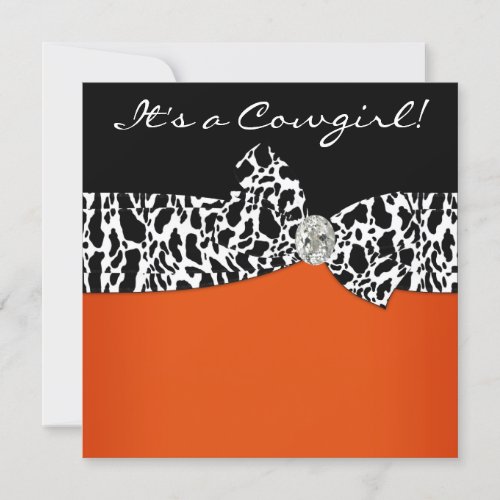 Orange Black Cow Print Cowgirl Baby Shower Invitation